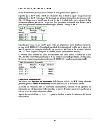 P R O T O C O L O S   I N T E R N E T   T C P / I P


tabelas de roteamento, considerando o contexto da rede apresentada na figura 3.22.
Suponha que o host A tenha a tabela de roteamento dada na tabela a seguir e deseja enviar um
datagrama IP ao host B. Neste caso, o host A consulta sua tabela de roteamento e descobre que a rede
200.1.1.0/24 casa com o identificador da rede do host B. A tabela indica que o número de hops
(número de enlaces a percorrer) é 1, o que quer dizer que está na mesma rede local. Então o host A
passa o datagrama diretamente a camada enlace para proceder à entrega ao host B.
Tabela de roteamento do host A
Rede           Próximo N. hops
destino        roteador
 200.1.1.0/24       -          1
 200.1.2.0/24 200.1.1.3        2
 200.1.3.0/24 200.1.1.3        2

Suponha agora o caso em que o host A queira enviar um datagrama ao host E, situado em outra rede,
no caso a rede 200.1.2.0/24. Consultando sua tabela de roteamento ele verifica que o número de
hops é 2, logo não está na mesma rede local, e que o acesso ao host E deve se dar através do roteador
200.1.1.3. Então ele passa o datagrama ao roteador para dar prosseguimento a entrega.
O roteador então consulta sua tabela de roteamento (veja tabela abaixo) e verifica que a rede
200.1.2.0/24 é acessível diretamente através da sua interface endereçada por 200.1.2.4. Sendo assim,
ele entrega o datagrama a camada de enlace da rede 200.1.2.0/24 para fazer a entrega ao host E.
Tabela de roteamento do roteador
Rede           Próximo N. hops              Interface
destino        roteador
 200.1.1.0/24       -         1              200.1.1.3
 200.1.2.0/24       -         1              200.1.2.4
 200.1.3.0/24       -         1              200.1.3.3

Protocolo de roteamento RIP
Na Internet, um algoritmo de roteamento ainda bastante utilizado é o RIP (routing information
protocol) e apresenta tabelas de roteamento bastante parecidas com as do exemplo anterior.
As tabelas de roteamento RIP são construídas dinamicamente, baseadas em um algoritmo de
roteamento que calcula as rotas tendo como base o número de enlaces a percorrer, escolhendo a
rota que percorre o menor número de enlaces.
A partir do comando Unix netstat –rn pode-se visualizar as tabelas de roteamento RIP de um
roteador Unix.




                                                        52
 