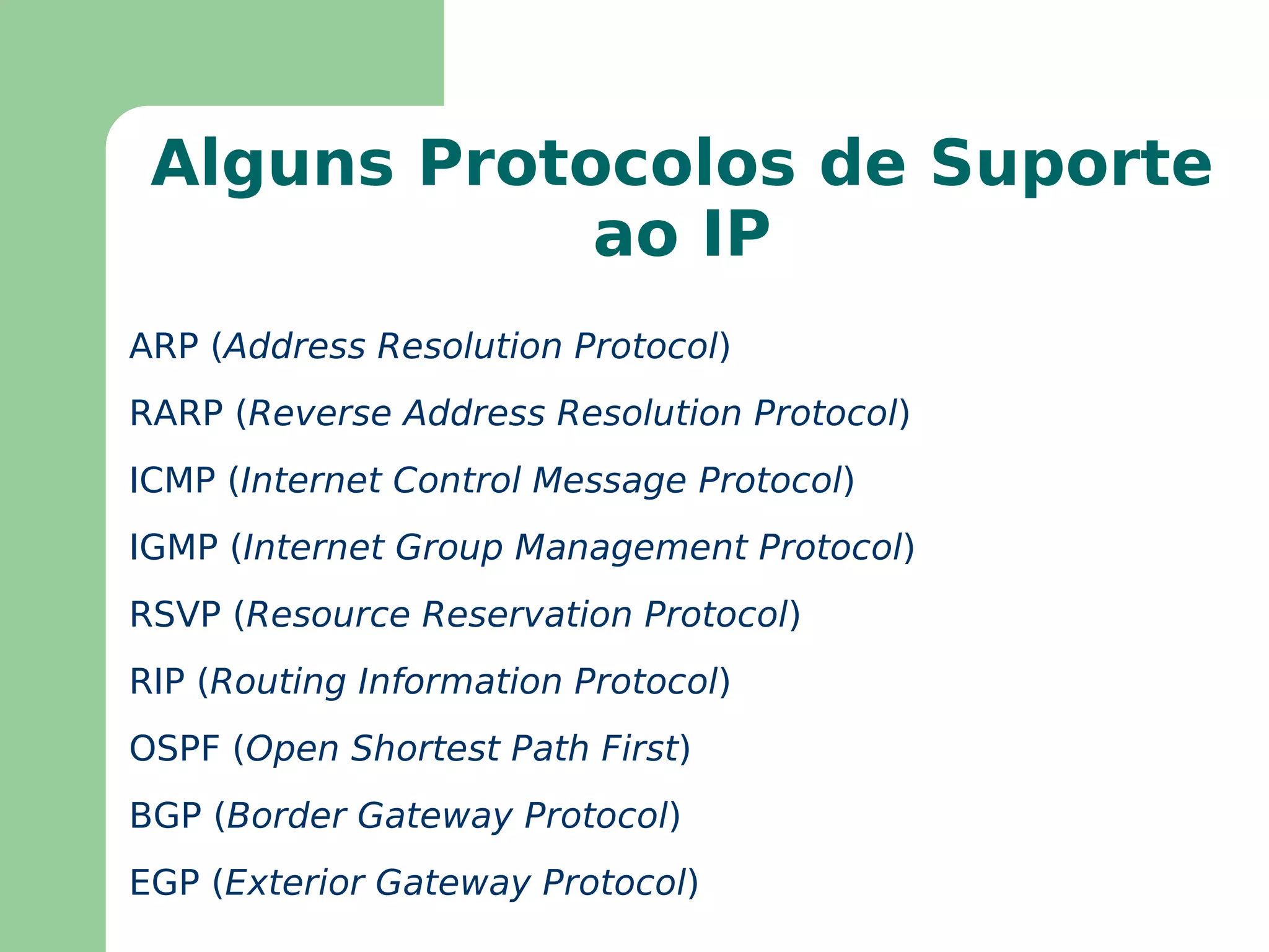 Aspectos de Endereços IP Endereços normalmente reservados Endereços da rede em questão – Endereços com os bits da parte HOST iguais a zero 