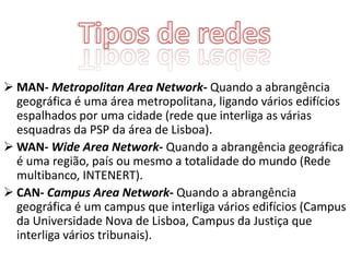  MAN- Metropolitan Area Network- Quando a abrangência
  geográfica é uma área metropolitana, ligando vários edifícios
  espalhados por uma cidade (rede que interliga as várias
  esquadras da PSP da área de Lisboa).
 WAN- Wide Area Network- Quando a abrangência geográfica
  é uma região, país ou mesmo a totalidade do mundo (Rede
  multibanco, INTENERT).
 CAN- Campus Area Network- Quando a abrangência
  geográfica é um campus que interliga vários edifícios (Campus
  da Universidade Nova de Lisboa, Campus da Justiça que
  interliga vários tribunais).
 