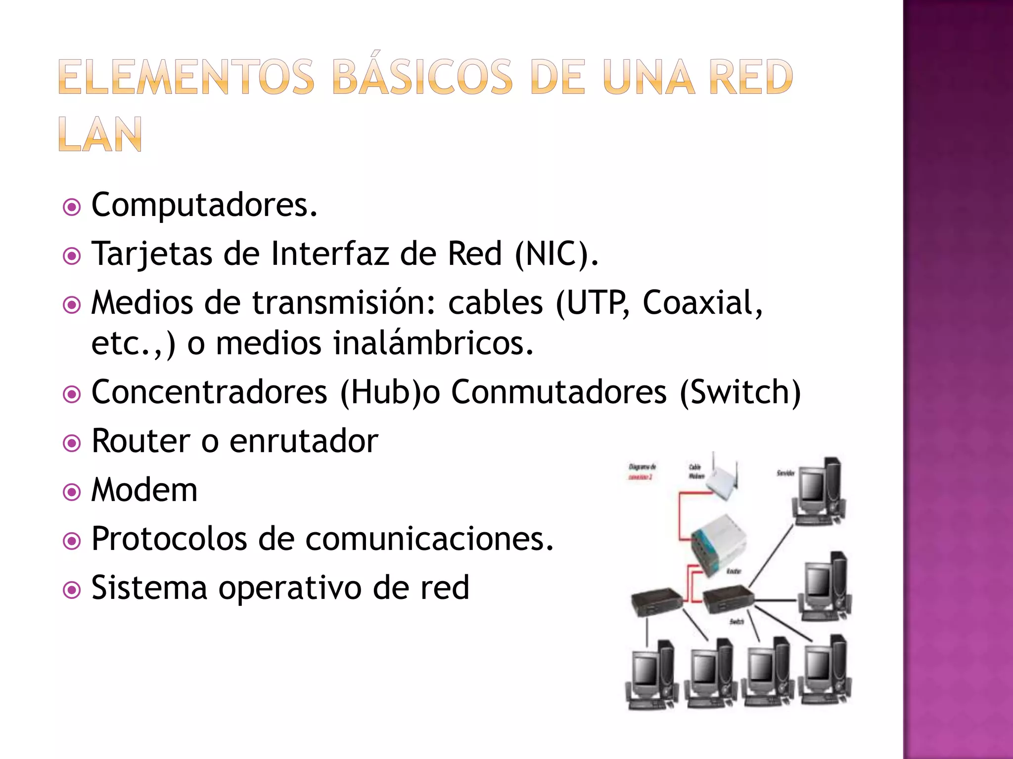 Computadores.
 Tarjetas de Interfaz de Red (NIC).
 Medios de transmisión: cables (UTP, Coaxial,
etc.,) o medios inalámbricos.
 Concentradores (Hub)o Conmutadores (Switch)
 Router o enrutador
 Modem
 Protocolos de comunicaciones.
 Sistema operativo de red


 
