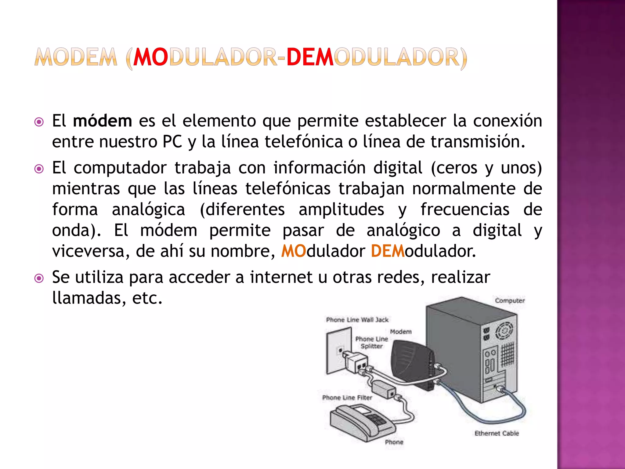 





El módem es el elemento que permite establecer la conexión
entre nuestro PC y la línea telefónica o línea de transmisión.
El computador trabaja con información digital (ceros y unos)
mientras que las líneas telefónicas trabajan normalmente de
forma analógica (diferentes amplitudes y frecuencias de
onda). El módem permite pasar de analógico a digital y
viceversa, de ahí su nombre, MOdulador DEModulador.
Se utiliza para acceder a internet u otras redes, realizar
llamadas, etc.

 