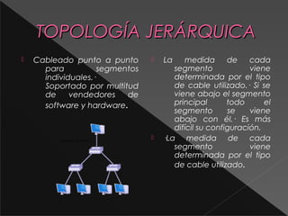 TTOOPPOOLLOOGGÍÍAA JJEERRÁÁRRQQUUIICCAA 
 Cableado punto a punto 
para segmentos 
individuales.· 
Soportado por multitud 
de vendedores de 
software y hardware. 
 La medida de cada 
segmento viene 
determinada por el tipo 
de cable utilizado.· Si se 
viene abajo el segmento 
principal todo el 
segmento se viene 
abajo con él.· Es más 
difícil su configuración. 
 ·La medida de cada 
segmento viene 
determinada por el tipo 
de cable utilizado. 
 