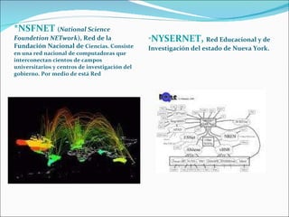 *NSFNET  ( National Science Foundetion NETwork ), Red de la Fundación Nacional de  Ciencias. Consiste en una red nacional de computadoras que interconectan cientos de campos universitarios y centros de investigación del gobierno. Por medio de está Red * NYSERNET,  Red Educacional y de Investigación del estado de Nueva York. 