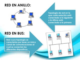 RED EN ANILLO:
Topología de red en la
que cada estación está
conectada a la siguiente
y la última está
conectada a la primera
RED EN BUS:
Red cuya topología se
caracteriza por tener un único
canal de comunicaciones al
cual se conectan los
diferentes dispositivos
 