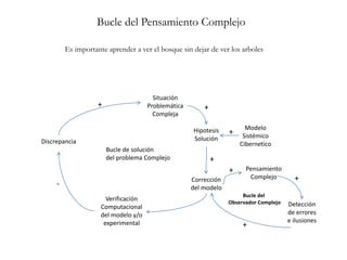 Bucle del Pensamiento Complejo
Situación
Problemática
Compleja
Hipotesis
Solución
Modelo
Sistémico
Cibernetico
Corrección
del modelo
Verificación
Computacional
del modelo y/o
experimental
Discrepancia
Detección
de errores
e ilusiones
Pensamiento
Complejo
+ +
+
+
-
+
+
+
Es importante aprender a ver el bosque sin dejar de ver los arboles
Bucle de solución
del problema Complejo
Bucle del
Observador Complejo
 