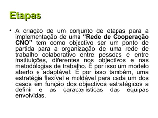 Etapas A criação de um conjunto de etapas para a implementação de uma  “Rede de Cooperação CNO”  tem como objectivo ser um ponto de partida para a organização de uma rede de trabalho colaborativo entre pessoas e entre instituições, diferentes nos objectivos e nas metodologias de trabalho. É por isso um modelo aberto e adaptável. É por isso também, uma estratégia flexível e moldável para cada um dos casos em função dos objectivos estratégicos a definir e as características das equipas envolvidas. 