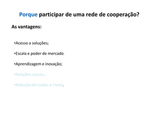 Porque participar de uma rede de cooperação?
As vantagens:
•Acesso a soluções;
•Escala e poder de mercado;
•Aprendizagem e inovação;
•Relações sociais;
•Redução de custos e riscos.
 