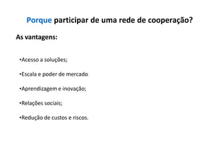 Porque participar de uma rede de cooperação?
As vantagens:
•Acesso a soluções;
•Escala e poder de mercado;
•Aprendizagem e inovação;
•Relações sociais;
•Redução de custos e riscos.
 