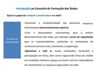 Introdução ao Conceito de Formação das Redes
Qual é o papel da entidade coordenadora na rede?
•Aumentar a competitividade das pequenas
fomentando o desenvolvimento regional;
•Criar e disponibilizar instrumentos para
empresas
o melhor
desenvolvimento das redes, por exemplo, cursos de capacitação
para os empreendedores, auxiliando no nivelamento do
conhecimento entre eles, facilitando a cooperação;
•Aproximar a rede de outras instituições, facilitando a
participação em feiras, bem como negociando linhas de crédito
em condições melhores, graças ao menor risco de inadimplência
em empréstimos às empresas organizadas em rede.
Entidade de
coordenação
 
