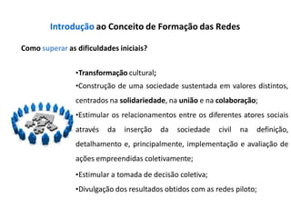 Introdução ao Conceito de Formação das Redes
Como superar as dificuldades iniciais?
•Transformação cultural;
•Construção de uma sociedade sustentada em valores distintos,
centrados na solidariedade, na união e na colaboração;
•Estimular os relacionamentos entre os diferentes atores sociais
através da inserção da sociedade civil na definição,
detalhamento e, principalmente, implementação e avaliação de
ações empreendidas coletivamente;
•Estimular a tomada de decisão coletiva;
•Divulgação dos resultados obtidos com as redes piloto;
 