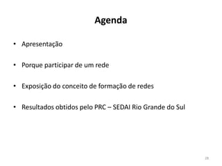 28
• Apresentação
• Porque participar de um rede
• Exposição do conceito de formação de redes
• Resultados obtidos pelo PRC – SEDAI Rio Grande do Sul
Agenda
 