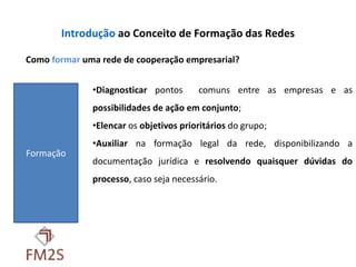 Introdução ao Conceito de Formação das Redes

Como formar uma rede de cooperação empresarial?


              •Diagnosticar pontos      comuns entre as empresas e as
              possibilidades de ação em conjunto;
              •Elencar os objetivos prioritários do grupo;
              •Auxiliar na formação legal da rede, disponibilizando a
Formação
              documentação jurídica e resolvendo quaisquer dúvidas do
              processo, caso seja necessário.
 