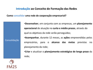 Introdução ao Conceito de Formação das Redes

 Como consolidar uma rede de cooperação empresarial?


               •Desenvolver, em conjunto com as empresas, um planejamento
               operacional de atuação no curto e médio prazos, através do
               qual os objetivos da rede serão perseguidos;
               •Acompanhar, durante 12 meses, as ações empreendidas pelos
Consolidação
               empresários, para o alcance das metas previstas no
               planejamento da rede;
               •Criar e atualizar o planejamento estratégico de longo prazo da
               rede;
 
