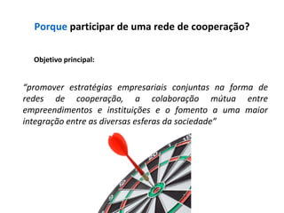 Porque participar de uma rede de cooperação?

  Objetivo principal:


“promover estratégias empresariais conjuntas na forma de
redes de cooperação, a colaboração mútua entre
empreendimentos e instituições e o fomento a uma maior
integração entre as diversas esferas da sociedade”
 