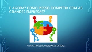 E AGORA? COMO POSSO COMPETIR COM AS
GRANDES EMPRESAS?
UNIÃO ATRAVES DE COOPERAÇÃO EM REDES.
 