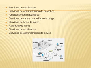  Servicios de certificados
 Servicios de administración de derechos
 Almacenamiento avanzado
 Servicios de clúster y equilibrio de carga
 Servicios de base de datos
 Aplicaciones Web}
 Servicios de middleware
 Servicios de administración de claves
 