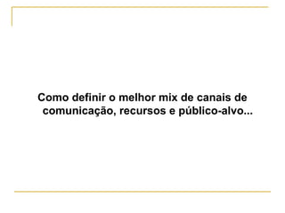 Como definir o melhor mix de canais de 
comunicação, recursos e público-alvo... 
 