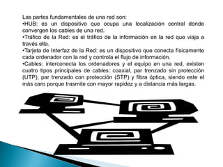 Las partes fundamentales de una red son:HUB: es un dispositivo que ocupa una localización central donde convergen los cables de una red.