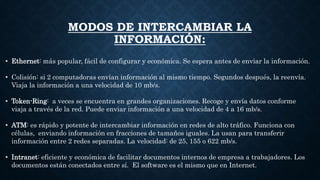 MODOS DE INTERCAMBIAR LA
INFORMACIÓN:
• Ethernet: más popular, fácil de configurar y económica. Se espera antes de enviar la información.
• Colisión: si 2 computadoras envían información al mismo tiempo. Segundos después, la reenvía.
Viaja la información a una velocidad de 10 mb/s.
• Token-Ring: a veces se encuentra en grandes organizaciones. Recoge y envía datos conforme
viaja a través de la red. Puede enviar información a una velocidad de 4 a 16 mb/s.
• ATM: es rápido y potente de intercambiar información en redes de alto tráfico. Funciona con
células, enviando información en fracciones de tamaños iguales. La usan para transferir
información entre 2 redes separadas. La velocidad: de 25, 155 o 622 mb/s.
• Intranet: eficiente y económica de facilitar documentos internos de empresa a trabajadores. Los
documentos están conectados entre sí. El software es el mismo que en Internet.
 