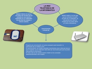 LA RED TELEFONICA DE LA INFORMATICAMódem interno el cual es una placa de circuito que se conecta en una ranura o expansión en un ordenador, es más fácil de instalar y menos costoso.Módem externo, es una caja que se conecta en la parte de atrás de un ordenador, es más grande pero tiene la ventaja que se puede utilizar en varios ordenadores.Comunicación a través dePrograma de comunicación: el cual es necesario para transmitir  la información de un módem a otro.El reconocimiento: los módem necesitan reconocerse unos a otros por eso es que al ingresar uno al ordenador este debe ser reconocido para que se pueda intercambiar la información.En línea: esto se da cuando nuestro módem se ha conectado satisfactoriamente a otro módem.