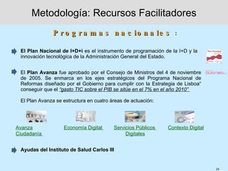 Metodología: Recursos Facilitadores
               P r o g r a m a s n a c io n a le s               :


 El Plan Nacional de I+D+i es el instrumento de programación de la I+D y la
 innovación tecnológica de la Administración General del Estado.


 El Plan Avanza fue aprobado por el Consejo de Ministros del 4 de noviembre
 de 2005. Se enmarca en los ejes estratégicos del Programa Nacional de
 Reformas diseñado por el Gobierno para cumplir con la Estrategia de Lisboa“
 conseguir que el “gasto TIC sobre el PIB se sitúe en el 7% en el año 2010”

 El Plan Avanza se estructura en cuatro áreas de actuación:




Avanza             Economía Digital      Servicios Públicos   Contexto Digital
Ciudadanía                                    Digitales


 Ayudas del Instituto de Salud Carlos III


                                                                                 24
 