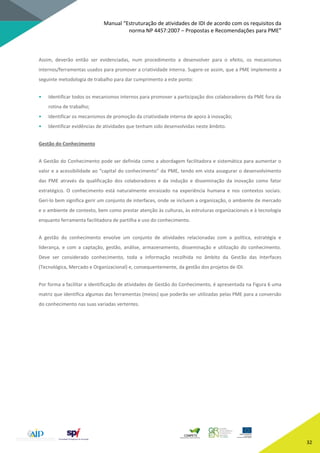 Manual “Estruturação de atividades de IDI de acordo com os requisitos da
norma NP 4457:2007 – Propostas e Recomendações para PME”
32
Assim, deverão então ser evidenciadas, num procedimento a desenvolver para o efeito, os mecanismos
internos/ferramentas usados para promover a criatividade interna. Sugere-se assim, que a PME implemente a
seguinte metodologia de trabalho para dar cumprimento a este ponto:
• Identificar todos os mecanismos internos para promover a participação dos colaboradores da PME fora da
rotina de trabalho;
• Identificar os mecanismos de promoção da criatividade interna de apoio à inovação;
• Identificar evidências de atividades que tenham sido desenvolvidas neste âmbito.
Gestão do Conhecimento
A Gestão do Conhecimento pode ser definida como a abordagem facilitadora e sistemática para aumentar o
valor e a acessibilidade ao “capital do conhecimento” da PME, tendo em vista assegurar o desenvolvimento
das PME através da qualificação dos colaboradores e da indução e disseminação da inovação como fator
estratégico. O conhecimento está naturalmente enraizado na experiência humana e nos contextos sociais.
Geri-lo bem significa gerir um conjunto de interfaces, onde se incluem a organização, o ambiente de mercado
e o ambiente de contexto, bem como prestar atenção às culturas, às estruturas organizacionais e à tecnologia
enquanto ferramenta facilitadora de partilha e uso do conhecimento.
A gestão do conhecimento envolve um conjunto de atividades relacionadas com a política, estratégia e
liderança, e com a captação, gestão, análise, armazenamento, disseminação e utilização do conhecimento.
Deve ser considerado conhecimento, toda a informação recolhida no âmbito da Gestão das Interfaces
(Tecnológica, Mercado e Organizacional) e, consequentemente, da gestão dos projetos de IDI.
Por forma a facilitar a identificação de atividades de Gestão do Conhecimento, é apresentada na Figura 6 uma
matriz que identifica algumas das ferramentas (meios) que poderão ser utilizadas pelas PME para a conversão
do conhecimento nas suas variadas vertentes.
 