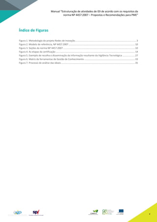 Manual “Estruturação de atividades de IDI de acordo com os requisitos da
norma NP 4457:2007 – Propostas e Recomendações para PME”
v
Índice de Figuras
Figura 1. Metodologia do projeto Redes de Inovação............................................................................................3
Figura 2. Modelo de referência, NP 4457:2007....................................................................................................10
Figura 3. Seções da norma NP 4457:2007 ............................................................................................................10
Figura 4. As etapas da certificação .......................................................................................................................14
Figura 5. Exemplo de recolha e disseminação da informação resultante da Vigilância Tecnológica ...................27
Figura 6. Matriz de ferramentas de Gestão de Conhecimento ............................................................................33
Figura 7. Processo de análise das ideais ...............................................................................................................35
 