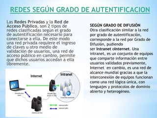 REDES SEGÚN GRADO DE AUTENTIFICACION
Las Redes Privadas y la Red de
Acceso Público, son 2 tipos de
redes clasificadas según el grado
de autentificación necesario para
conectarse a ella. De este modo
una red privada requiere el ingreso
de claves u otro medio de
validación de usuarios, una red de
acceso público en cambio, permite
que dichos usuarios accedan a ella
libremente.
SEGÚN GRADO DE DIFUSIÓN
Otra clasificación similar a la red
por grado de autentificación,
corresponde a la red por Grado de
Difusión, pudiendo
ser Intranet oInternet. Una
intranet, es un conjunto de equipos
que comparte información entre
usuarios validados previamente,
Internet en cambio, es una red de
alcance mundial gracias a que la
interconexión de equipos funcionan
como una red lógica única, con
lenguajes y protocolos de dominio
abierto y heterogéneo.
 
