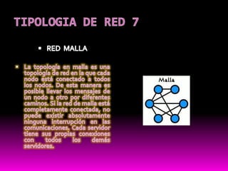 TIPOLOGIA DE RED 7RED  MALLA La topología en malla es una topología de red en la que cada nodo está conectado a todos los nodos. De esta manera es posible llevar los mensajes de un nodo a otro por diferentes caminos. Si la red de malla está completamente conectada, no puede existir absolutamente ninguna interrupción en las comunicaciones. Cada servidor tiene sus propias conexiones con todos los demás servidores.