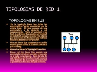 TIPOLOGIAS DE RED 1TOPOLOGIAS EN BUSEn la topología linear bus todas las computadoras están conectadas en la misma línea.  El cable procede de una computadora a la siguiente y así sucesivamente.  Tiene un principio y un final, la red linear Bus requiere un terminal en cada final, así recibe la señal y no retorna por eso uno de los finales de una red tipo linear Bus debe tercer un "ground".Una red linear Bus usualmente usa cable coaxial grueso o fino, el Ethernet 10 Base 2 y el 10 Base5.Comunicación en la Topología Linear BusEnana red tipo linear Bus, cuando una computadora envía un mensaje, el mensaje va a cada computadora.  Cada tarjeta de red (NIC-Network Interface Card) examina cada dirección del mensaje para determinar a que computadora esta dirigido el mismo.