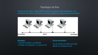 Topología de Bus
Consta de un único cable (BUS) al que se conecta cada ordenador. Los
extremos del cable se terminan con una resistencia denominada terminador.
Ventajas:
• Fácil de instalar y mantener.
• Si falla una estación, no cae la red.
Inconvenientes:
•Si se rompe el cable principal
(BUS) se inutiliza la red.
 