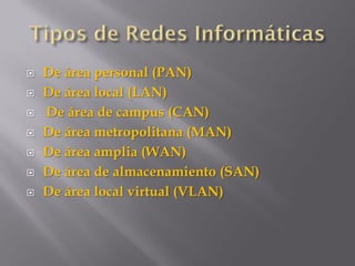  De área personal (PAN)
 De área local (LAN)
 De área de campus (CAN)
 De área metropolitana (MAN)
 De área amplia (WAN)
 De área de almacenamiento (SAN)
 De área local virtual (VLAN)
 
