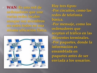  WAN: Es una red de
ordenadores que une
varias redes locales
aunque sus miembros
no estén todos en una
misma ubicación física.
Hay tres tipos:
-Por circuitos, como las
redes de telefonía
básica.
-Por mensaje, como los
ordenadores que
aceptan el tráfico en las
diferentes terminales.
-Por paquetes, donde la
información es
ensamblada en
paquetes antes de ser
enviada a los usuarios.
 