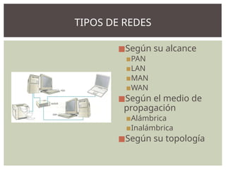◼Según su alcance
▪PAN
▪LAN
▪MAN
▪WAN
◼Según el medio de
propagación
▪Alámbrica
▪Inalámbrica
◼Según su topología
TIPOS DE REDES
 