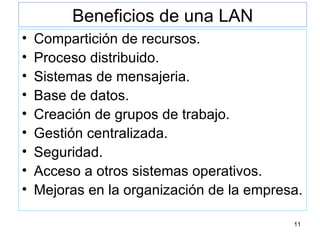 Beneficios de una LAN Compartición de recursos. Proceso distribuido. Sistemas de mensajeria. Base de datos. Creación de grupos de trabajo. Gestión centralizada. Seguridad. Acceso a otros sistemas operativos. Mejoras en la organización de la empresa. 