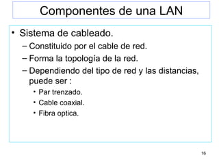 Componentes de una LAN Sistema de cableado. Constituido por el cable de red. Forma la topología de la red. Dependiendo del tipo de red y las distancias, puede ser : Par trenzado. Cable coaxial. Fibra optica. 