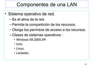 Componentes de una LAN Sistema operativo de red. Es el alma de la red. Permite la compartición de los recursos. Otorga los permisos de acceso a los recursos. Clases de sistemas operativos : Windows 9X,2000,XP. Unix Linux. Lantastic. 