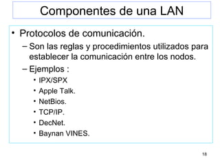 Componentes de una LAN Protocolos de comunicación. Son las reglas y procedimientos utilizados para establecer la comunicación entre los nodos. Ejemplos : IPX/SPX Apple Talk. NetBios. TCP/IP. DecNet. Baynan VINES. 