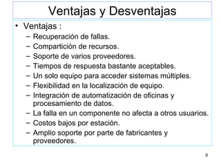 Ventajas y Desventajas Ventajas : Recuperación de fallas. Compartición de recursos. Soporte de varios proveedores. Tiempos de respuesta bastante aceptables. Un solo equipo para acceder sistemas múltiples. Flexibilidad en la localización de equipo. Integración de automatización de oficinas y procesamiento de datos. La falla en un componente no afecta a otros usuarios. Costos bajos por estación. Amplio soporte por parte de fabricantes y proveedores. 
