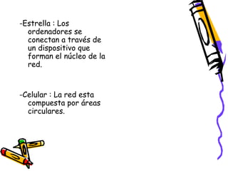 -Estrella : Los
ordenadores se
conectan a través de
un dispositivo que
forman el núcleo de la
red.

-Celular : La red esta
compuesta por áreas
circulares.

 