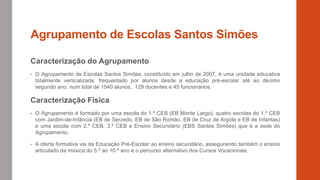 Agrupamento de Escolas Santos Simões
Caracterização do Agrupamento
• O Agrupamento de Escolas Santos Simões, constituído em julho de 2007, é uma unidade educativa
totalmente verticalizada, frequentado por alunos desde a educação pré-escolar até ao décimo
segundo ano, num total de 1540 alunos, 129 docentes e 45 funcionários.
Caracterização Física
• O Agrupamento é formado por uma escola do 1.º CEB (EB Monte Largo), quatro escolas do 1.º CEB
com Jardim-de-Infância (EB de Serzedo, EB de São Romão, EB de Cruz de Argola e EB de Infantas)
e uma escola com 2.º CEB, 3.º CEB e Ensino Secundário (EBS Santos Simões) que é a sede do
Agrupamento.
• A oferta formativa vai da Educação Pré-Escolar ao ensino secundário, assegurando também o ensino
articulado da música do 5.º ao 10.º ano e o percurso alternativo dos Cursos Vocacionais.
 