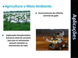 Agricultura e Meio Ambiente
                              Gerenciamento de colheita,
                                  controle de gado




Exploração Interplanetária:
Estrutura cheia de sensores
  para que os astronautas
    possam controlar os
   movimentos do robô.
 