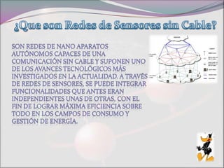 ¿Que son Redes de Sensores sin Cable?Son redes de nano aparatos autónomos capaces de una comunicación sin cable y suponen uno de los avances tecnológicos más investigados en la actualidad. A través de redes de sensores, se puede integrar funcionalidades que antes eran independientes unas de otras, con el fin de lograr máxima eficiencia sobre todo en los campos de consumo y gestión de energía. 