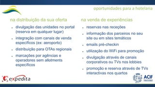oportunidades para a hotelaria
na distribuição da sua oferta
● divulgação das unidades no portal
(reserva em qualquer lugar)
● integração com canais de venda
específicos (ex: aeroporto)
● distribuição para OTAs regionais
● marcações por agências e
operadores sem allotments
específicos
na venda de experiências
● reservas nas receções
● informação dos parceiros no seu
site ou em sites temáticos
● emails pré-checkin
● utilização do WiFi para promoção
● divulgação através de canais
corporativos ou TVs nos lobbies
● promoção e reserva através de TVs
interactivas nos quartos
 