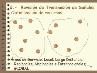 2.- Revisión de Transmisión de Señales
Optimización de recursos




Áreas de Servicio: Local; Larga Distancia;
 Regionales; Nacionales e Internacionales; …
                                             16
 GLOBAL
 