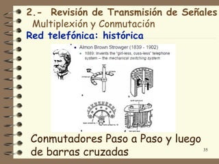 2.- Revisión de Transmisión de Señales
 Multiplexión y Conmutación
Red telefónica: histórica




Conmutadores Paso a Paso y luego
de barras cruzadas                 35
 