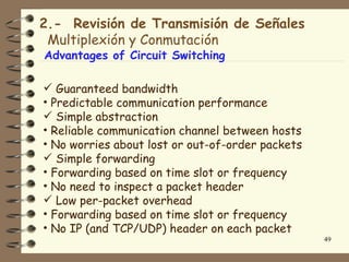 2.- Revisión de Transmisión de Señales
 Multiplexión y Conmutación
Advantages of Circuit Switching

 Guaranteed bandwidth
• Predictable communication performance
 Simple abstraction
• Reliable communication channel between hosts
• No worries about lost or out-of-order packets
 Simple forwarding
• Forwarding based on time slot or frequency
• No need to inspect a packet header
 Low per-packet overhead
• Forwarding based on time slot or frequency
• No IP (and TCP/UDP) header on each packet
                                                  49
 