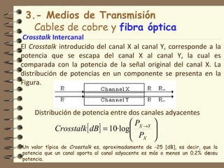 3.- Medios de Transmisión
   Cables de cobre y fibra óptica
 Crosstalk Intercanal
El Crosstalk introducido del canal X al canal Y, corresponde a la
potencia que se escapa del canal X al canal Y, la cual es
comparada con la potencia de la señal original del canal X. La
distribución de potencias en un componente se presenta en la
Figura.



    Distribución de potencia entre dos canales adyacentes
                                      PX →Y        
            Crosstalk [ dB ] = 10·log
                                      P            
                                                    
                                      X            
Un valor típico de Crosstalk es, aproximadamente de -25 [dB], es decir, que la
potencia que un canal aporta al canal adyacente es más o menos un 0.2% de su
                                                                          30
potencia.
 