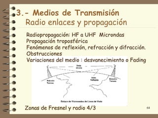 3.- Medios de Transmisión
  Radio enlaces y propagación
  Radiopropagación: HF a UHF Microndas
  Propagación troposférica
  Fenómenos de reflexión, refracción y difracción.
  Obstrucciones
  Variaciones del medio : desvanecimiento o Fading




  Zonas de Fresnel y radio 4/3                       64
 