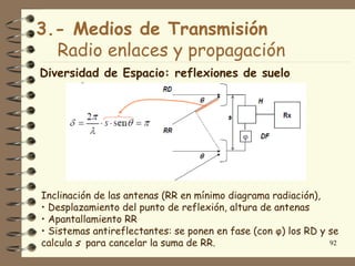 3.- Medios de Transmisión
  Radio enlaces y propagación
Diversidad de Espacio: reflexiones de suelo




Inclinación de las antenas (RR en mínimo diagrama radiación),
• Desplazamiento del punto de reflexión, altura de antenas
• Apantallamiento RR
• Sistemas antireflectantes: se ponen en fase (con φ) los RD y se
calcula s para cancelar la suma de RR.                         92
 